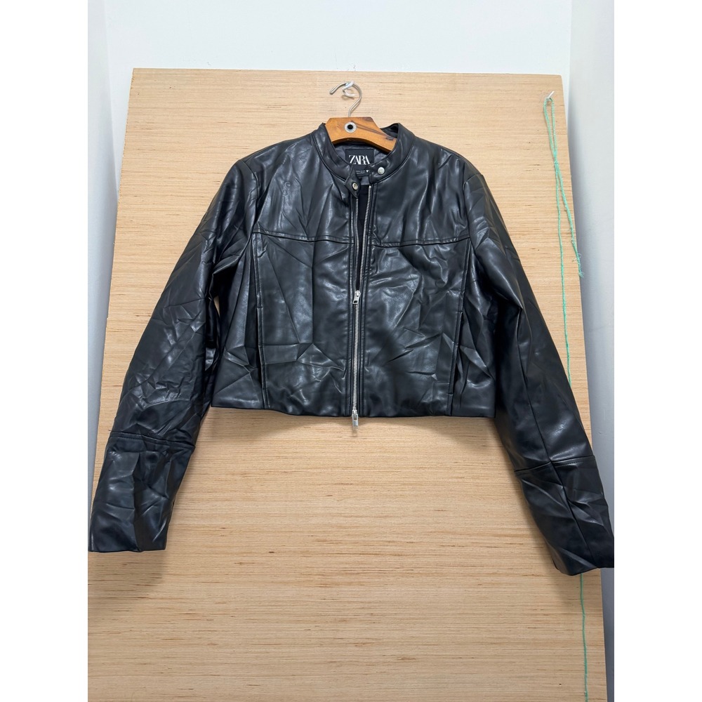 Zara Womens Black Faux Leather Cropped Biker Moto Jacket Size Large L 7336